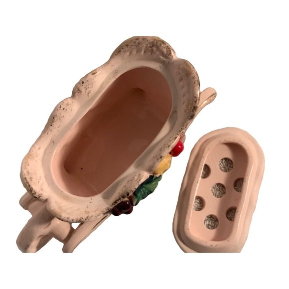 Pink WHEELBARROW Flower Frog Gold colored Trim -fruit on sides - Picture 8 of 10